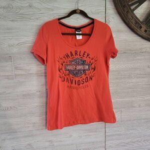 Harley Davidson Biker T-Shirt Womens SZ L Galesburg, IL Orange Chopper Logo